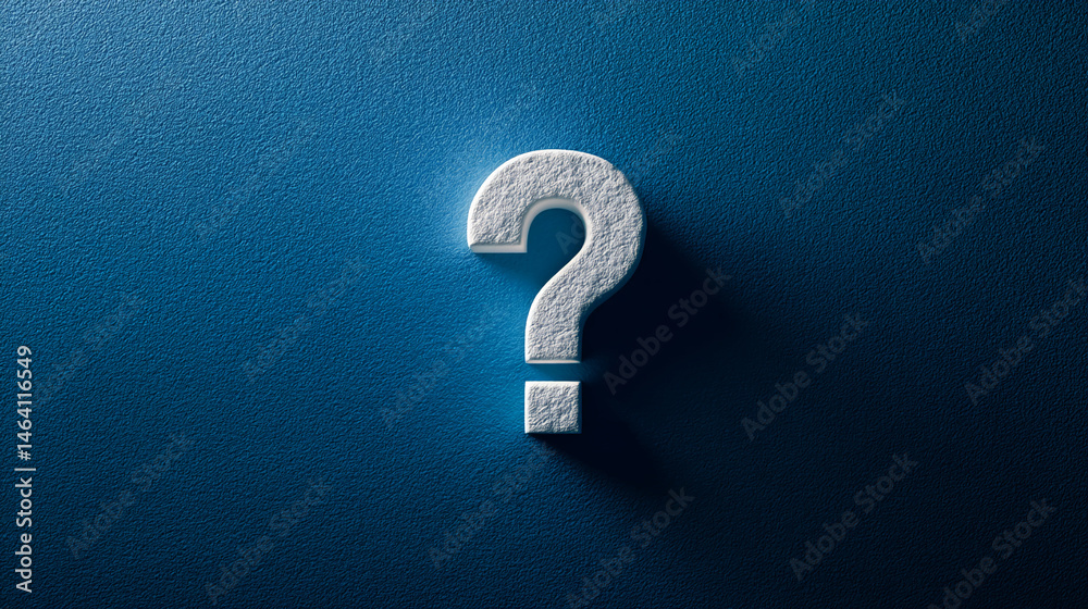Poster white question mark on textured blue background, symbolizing inquiry, uncertainty, or a need for inf