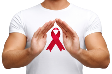 A person wearing a white t-shirt makes a protective gesture with their hands over a red ribbon, symbolizing awareness and support for important health issues, particularly HIV/AIDS