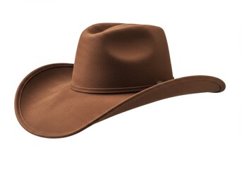 A brown cowboy hat with a wide brim sits against a white background in a studio shot, casting no shadow