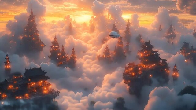 Ethereal skycity airships sailing amidst clouds