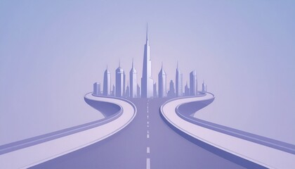 Fototapeta premium Cityscape Road Choices A Futuristic City Skyline with a Split Highway Leading to it