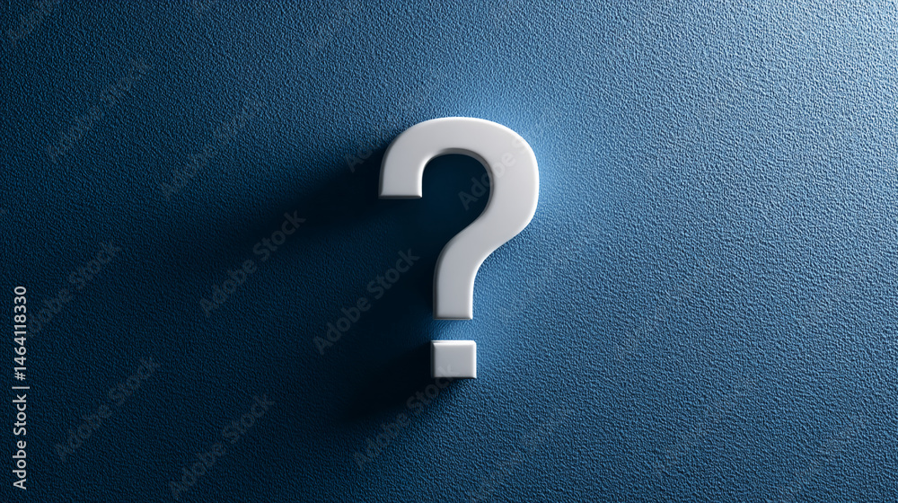 Poster white question mark on textured blue background, symbolizing inquiry, uncertainty, or a need for inf