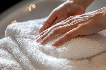 Fototapeta premium Detailed shot of hands scrubbing clean a white towel, household scene