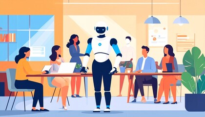 Modern Office Team Meeting with AI Robot Assistance Diverse Colleagues Collaborating