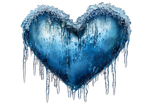 An icy blue heart symbolizes frozen emotions, resilience, and vulnerability in a captivating artistic form.