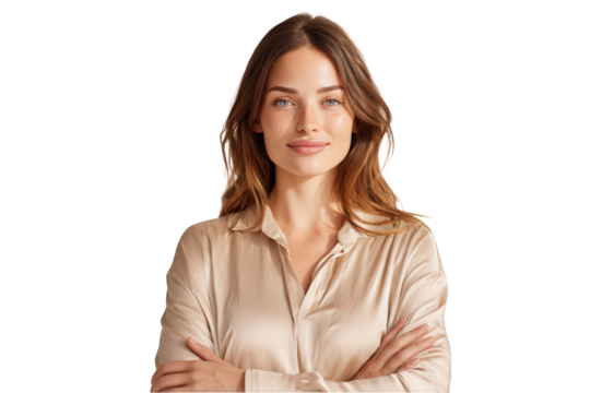 Portrait of a beautiful young woman with long brown hair wearing a beige silk shirt arms crossed on transparent background pose - Powered by Adobe