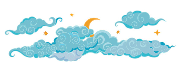 Tibetan sky. Blue Asian cloud with moon, sun and stars. Japanese Korean Chinese cloud style. Asian traditional ornaments. Border pattern. Vector illustration