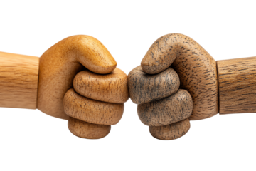 Two wooden hands, one light and one dark, symbolizing unity and diversity in human connection and collaboration.