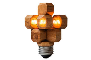 Unique wooden light bulb design featuring hexagonal patterns and warm glowing lights, blending nature and technology stylishly.
