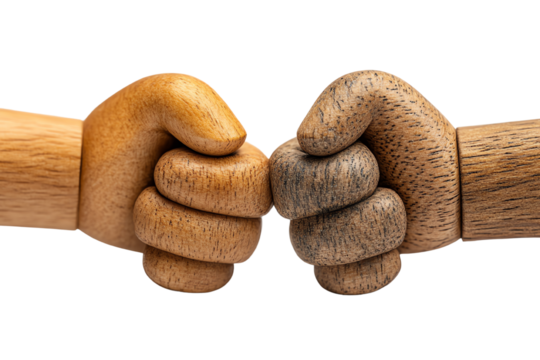 Two wooden hands, one light and one dark, symbolizing unity and diversity in human connection and collaboration.