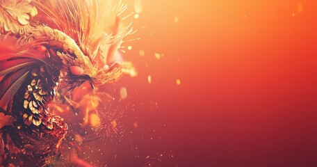 Fiery rooster head in vibrant orange and gold tones,  with dynamic, abstract plumage and sparks