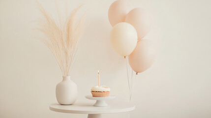 Minimalist birthday scene with pastel balloons and a bento cake on a white backdrop.
