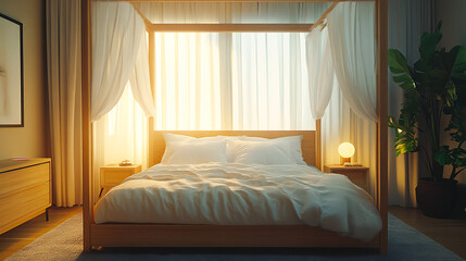 Light coming through the window in a modern bedroom with canopy bed