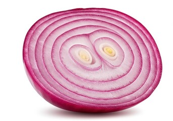 Close-up of a vibrant red onion cut in half showing its concentric rings on a white background