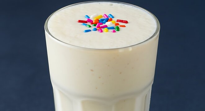 A creamy vanilla milkshake garnished with rainbow sprinkles
