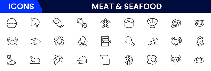 Meat, poultry, fish and eggs - minimal thin line web icon set. Outline icons collection. Simple vector illustration.