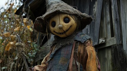Creepy scarecrow figure outdoors near rustic shed.