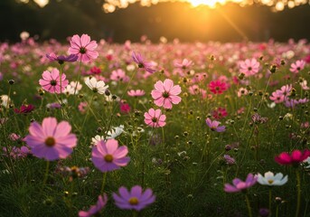 Vibrant Cosmos Flowers in Meadow at Golden Sunset Glow Outdoors