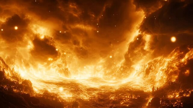 Fiery landscape with glowing orbs above