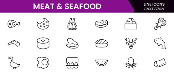 Meat, poultry, fish and eggs - minimal thin line web icon set. Outline icons collection. Simple vector illustration.