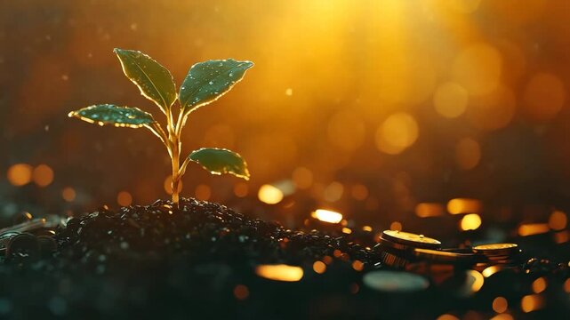 Fresh green plant growing from soil surrounded by golden coins illuminating with sunlight in a symbolic representation of wealth and prosperity