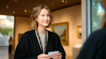 Museum staff checking visitor's ticket with art in the background