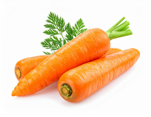 Three whole carrots with leaves and lying on a white