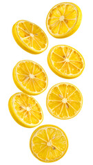 Fototapeta premium Multiple candied lemon slices falling on transparent background