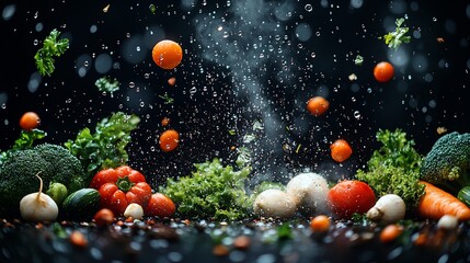 Pristine collection of vegetable suspended time droplet of water frozen mid air high speed photography effect ultra realistic motion sharp lighting contrast 8k resolution perfect clarity no logo no