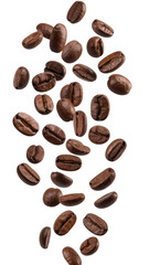 Obraz premium Roasted coffee beans falling on transparent background