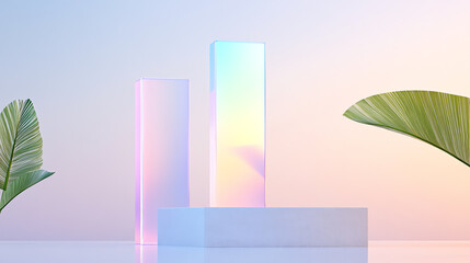 A minimalist design featuring translucent geometric shapes with soft colors, accented by lush green palm leaves, creating a serene atmosphere.