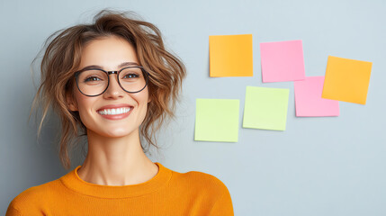 A smiling woman with glasses, dressed in an orange sweater, stands by colorful sticky notes on a wall, showcasing positivity.