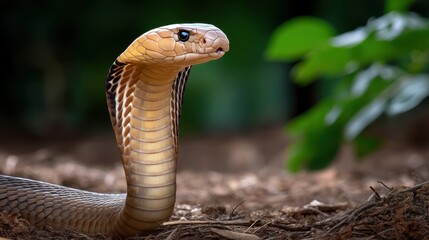 Fototapeta premium King Cobra rising with hood flared in defensive posture, captured from a safe distance with 300mm telephoto lens, sharp focus and natural background