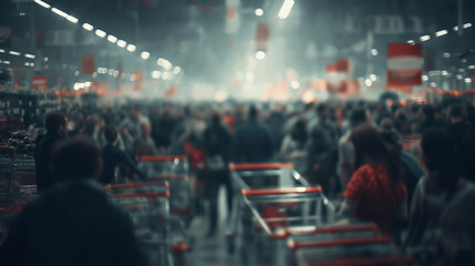 Fototapeta premium Black Friday Rush: A bustling scene unfolds inside a large shopping center, filled with numerous shoppers and shopping carts, creating a sense of excitement, movement, and intense consumer activity.
