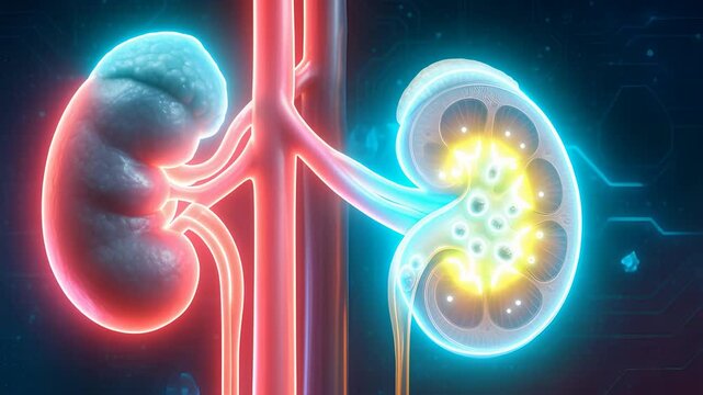Glowing Human Kidney Organs with Highlighted Section Representing Renal Function, Medical Anatomy and Urinary Health Diagnosis

