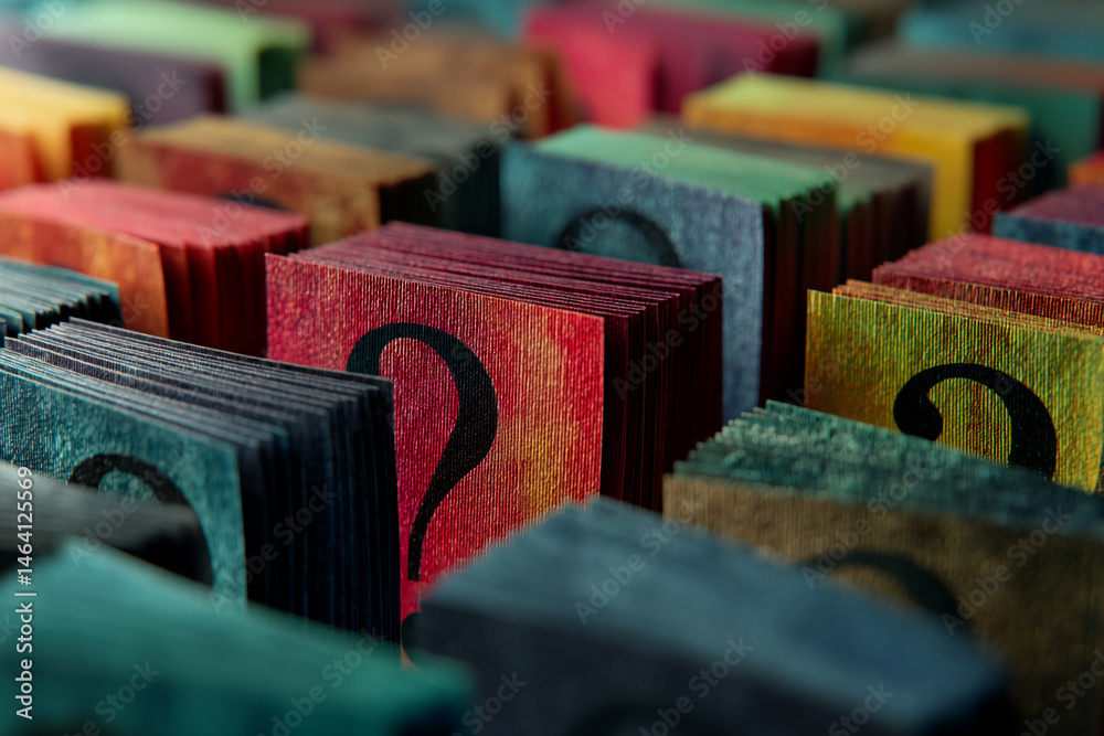Poster Close-up of colorful textured cards, each displaying a question mark, creating a dense, intriguing pattern, symbolizing mystery, uncertainty, or a quest for answers