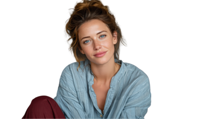Portrait of a beautiful young woman with blue eyes and freckles wearing a stylish light blue shirt on transparent background girl
