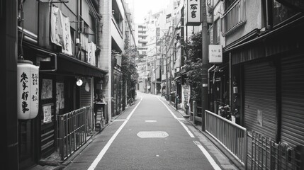 Deserted alleyway, Japan, city street, monochrome, quiet atmosphere, background buildings, travel photography