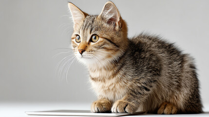 Adorable tabby kitten sitting attentively, showcasing its playful nature and curiosity in a bright, minimalistic environment.