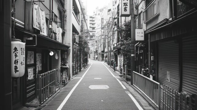 Fototapeta Deserted alleyway, Japan, city street, monochrome, quiet atmosphere, background buildings, travel photography