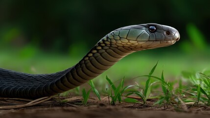 Obraz premium King Cobra slinking across jungle clearing, captured in natural movement with long focal length and detailed focus