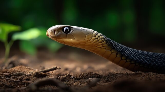 King Cobra slinking across jungle clearing, captured in natural movement with long focal length and detailed focus