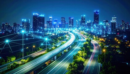 City Skyline at Night with Highway and Connections