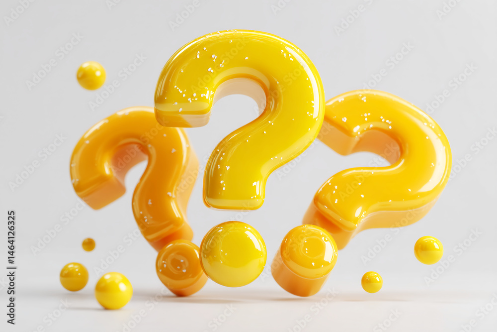 Poster three glossy yellow question marks and spheres float against a light gray background, suggesting cur