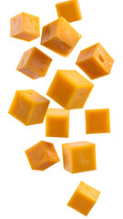 Multiple Smoked Cheese Cubes Falling on Transparent Background