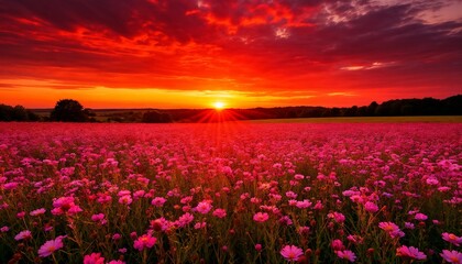 Obraz premium Vibrant sunset over a blooming pink flower field 