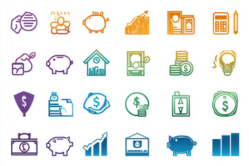 Fototapeta premium Financial icon collection featuring money, cash, coin, bill for secure growth planning