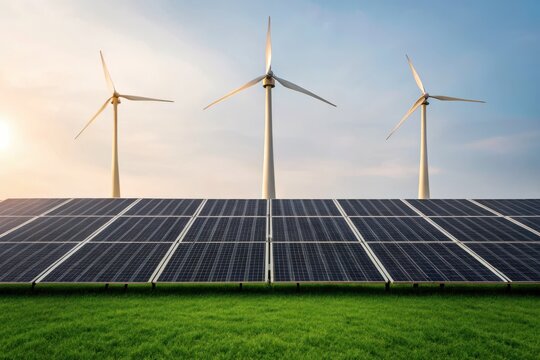 Solar panels and wind turbines generate renewable energy in a green field under a clear sky.