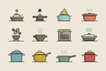 Cooking pots, pans, food and steam illustrate joy of kitchen culinary art