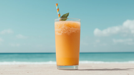 Refreshing orange smoothie in a glass with straw on a sunny beach by the ocean. The idyllic scene reflects summer, relaxation, and refreshment, perfect for a tropical vacation or beverage promotion.